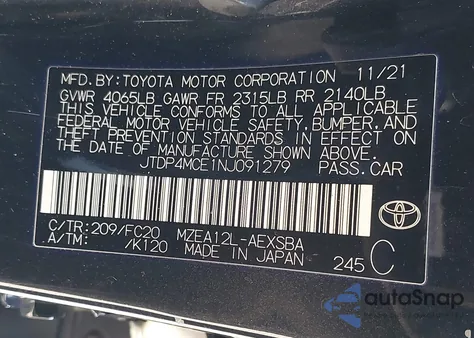 2022 Toyota Corolla Se z USA, uszkodzony, nr VIN JTDP4MCE1NJ091279